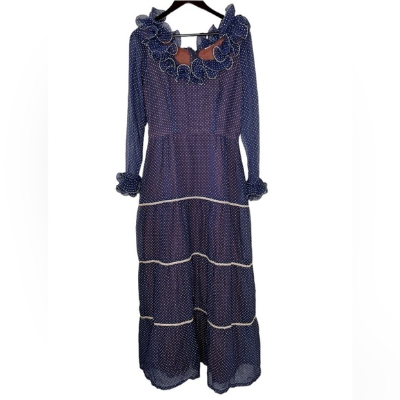 VINTAGE 1970s Polka Dot Maxi Cottagecore Vtg 70s Dress Navy Blue - Picture 1 of 11